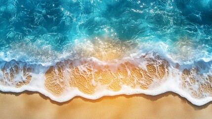 Wall Mural - aerial view of turquoise ocean waves gently caressing golden sandy beach, creating mesmerizing patte