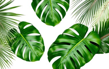Poster - Tropical Greenery Backdrop. Fresh Monstera Leaves, Delicate Palm Fronds. Lush Foliage Against White. Evokes Summer Vacation. Natural Beauty. Botanical Illustration.