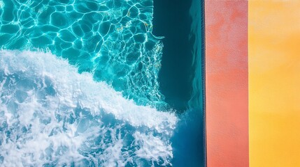 Wall Mural - aerial view of turquoise ocean waves meeting a vibrant coral and yellow beach shoreline, capturing t
