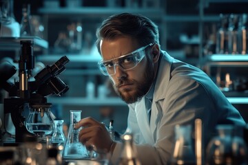 Poster - Scientist conducting experiments in a laboratory during nighttime hours