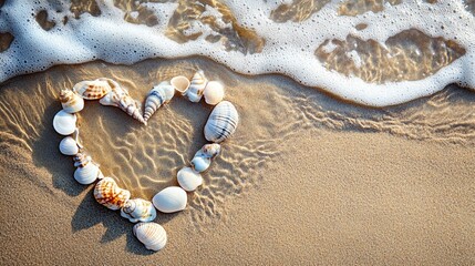 Wall Mural - romantic seashell heart shape on golden sandy beach with soft ocean wave, symbolizing love, summer m