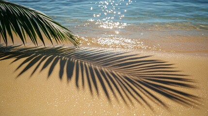 Wall Mural - tranquil tropical beach scene with golden sand, sparkling sunlight on water, and a palm leaf casting