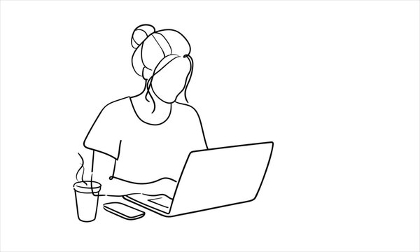 Woman working on laptop, continious line drawing. Freelancer, technologies, self-employed outline. 
Vector illustration