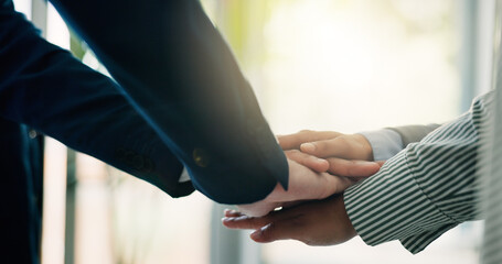 Aufkleber - Business people, hands together or meeting with team for collaboration, agreement or trust at office. Closeup, group or employees piling with stack in unity, solidarity or synergy for company mission