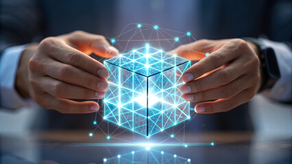 Poster - Hands assembling glowing cube from digital particles, showcasing innovation and technology in modern setting