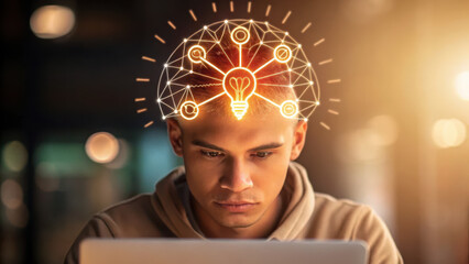 Poster - Innovative ideas glowing from person head while focused on laptop, symbolizing creativity and inspiration