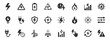 © Jolly J - Electricity and energy icon set. Vector glyph pictograms of lightning bolt, battery, plug, solar panel, wind turbine, power, renewable energy, electrical safety black silhouette illustration.