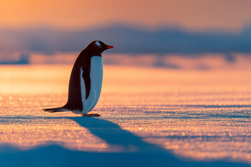 Aufkleber - Gentoo penguin standing on snowy ground at sunset, bathed in warm light, showcasing wildlife in a serene, natural environment