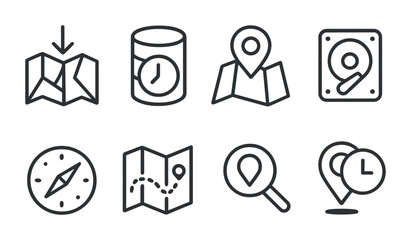 Poster - Navigation and location icons set: map, compass, gps, and more in linear style