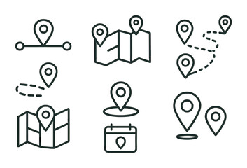 Poster - Linear location icons set: map pins, routes, and navigation symbols for travel applications