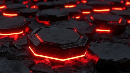 Poster - futuristic abstract hexagon shapes emitting glowing red ambient light effects