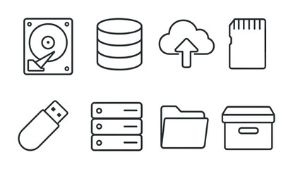 Poster - Data storage and cloud sync icon set: hard drive, cloud, usb, and more