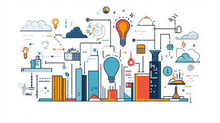 Poster - Creative innovation concept illustration with light bulbs and city skyline vector design idea 100