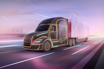 Poster - Semi-truck driving on highway at sunset, wireframe design, showcasing technological advancement in trucking industry, representing speed, efficiency, and modern logistics