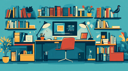 Poster - Workspace illustration with desk computer chair books shelves and plants for home office setup design