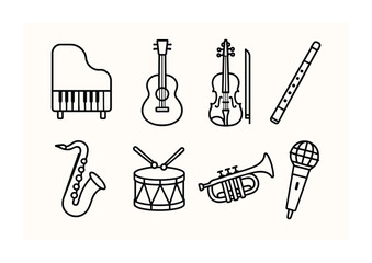 Poster - Linear music icon set featuring instruments and microphone for creative design projects