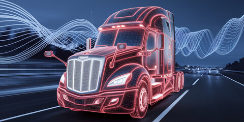 Aufkleber - Red semi-truck, wireframe style, driving on highway at night, surrounded by abstract light trails, representing technological advancement and connectivity in transportation