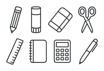 Poster - Essential school supplies linear icon set: pencil, ruler, calculator, notebook, more