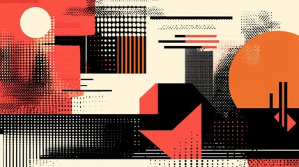 Poster - Abstract Geometric Composition in Red Black and Orange