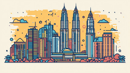 Poster - Kuala lumpur malaysia skyline vector illustration city travel tourism architecture landmark urban cityscape design