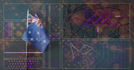 Poster - Australian flag with digital maps and data processing animation overlay