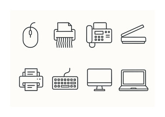 Poster - Essential office equipment icons set: 3d linear style for modern workplaces
