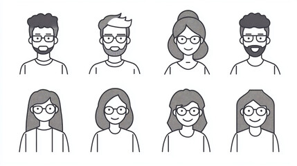 Poster - Vector avatars of diverse people with glasses for profile pictures and social media simple line art style