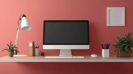 Poster - Minimalist workspace setup with computer desk lamp and plant for home office productivity and design