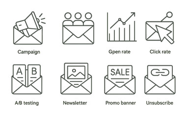 Aufkleber - email marketing icon set: campaigns, a/b testing, analytics, and more in linear style