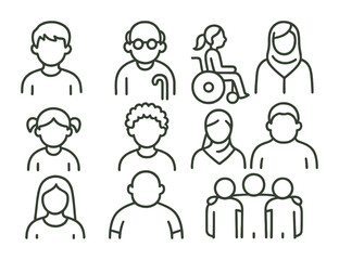 Poster - Inclusive community icons set: diverse, accessibility-focused linear style