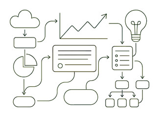 Poster - linear business process icons set: workflow, chart, cloud, lightbulb, more