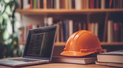 Poster - Neatly arranged structural engineering books, hard hat, and laptop displaying BIM software on a desk