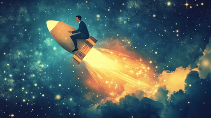 Poster - Man on rocket ship flying through space business startup success concept illustration design idea art 3d