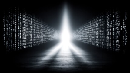 Poster - abstract digital tunnel with bright light at the end, surrounded by binary code, dark background, gl