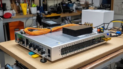 Poster - Power inverter prototype with heat sinks, mosfets, and EMI filters neatly aligned on worktable