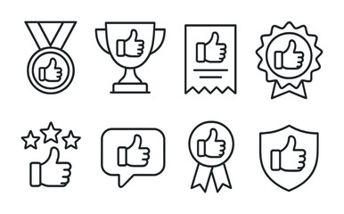 Poster - Achievement icons set: thumbs up, awards, and medals in linear style