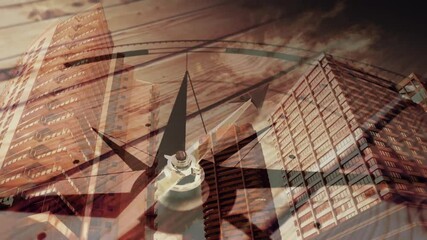 Poster - Compass needle overlaying skyscrapers, symbolizing direction and city navigation in animation
