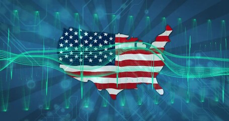 Poster - Map of United States with flag design over digital data processing animation