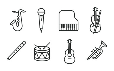 Poster - Elegant linear music instrument icons set: saxophone, microphone, piano, violin, and more