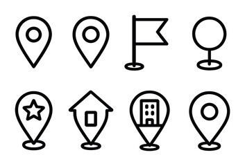 Poster - Linear location icons set: pins, flags, houses, offices for maps and navigation