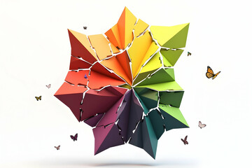 Poster - Fractured Rainbow Geometric Design with Butterflies, A Vibrant Illustration of Colors and Shapes in a Complex yet Harmonious Composition