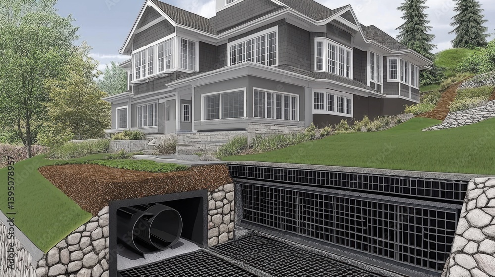 Sustainable drainage system diagram with catch basins, filtration ...