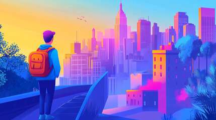 Poster - Illustration of man with backpack looking at cityscape skyline with buildings and bright sky art