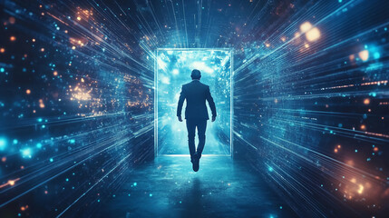 Poster - Business man walking through portal abstract technology future metaverse illustration concept art