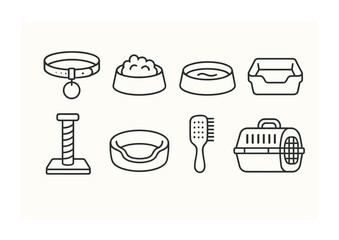 Poster - Linear cat accessories icons: collar, bowl, bed, litter box, scratcher, brush, carrier
