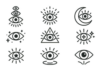mystical eye icons set: linear style with moon, pyramid, and star elements