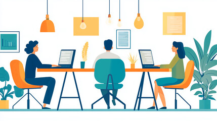 Poster - Office coworking space vector illustration with people working on laptops and plants decoration design