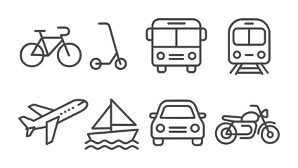 Poster - Minimalist linear transportation icons set featuring various vehicles