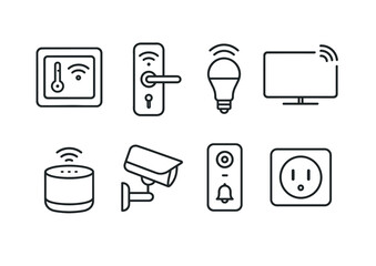 Poster - Smart home devices icon set: thermostat, lock, bulb, tv, speaker, camera, doorbell, plug