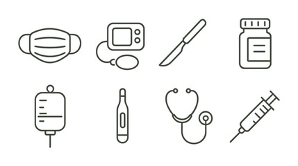 Poster - Medical equipment icons set: linear style collection featuring essential tools